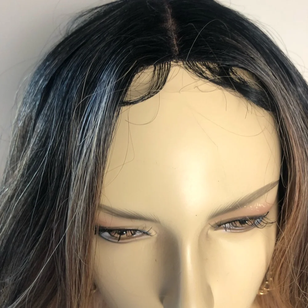 Honey Ash Brown & Dark Brown WAVY Middle Part Lace 24 Inches Synthetic Wig